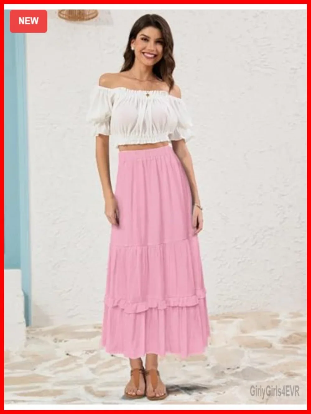 Ruffle Tiered A-Line Maxi Skirt Elastic High Waisted Flowy Long Skirt